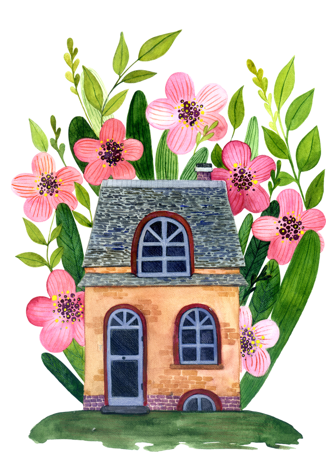 Watercolor House with Pink Flowers